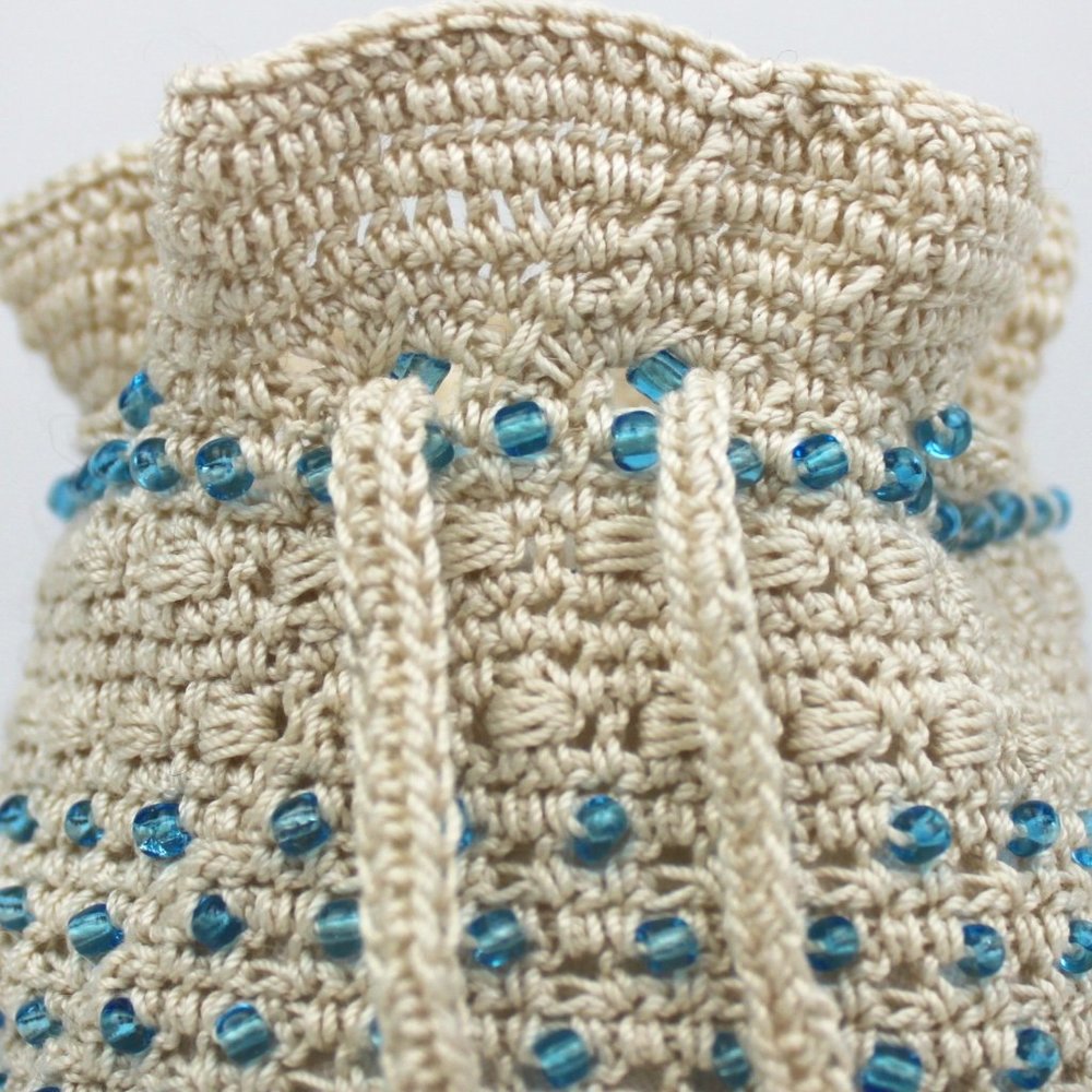 Blue Glass Beaded Cream Crochet Drawstring Pouch - Picture 8 of 9